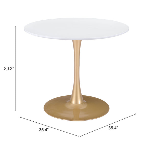 Homeroots 35" White And Gold Rounded Steel Pedestal Base Dining Table   386246