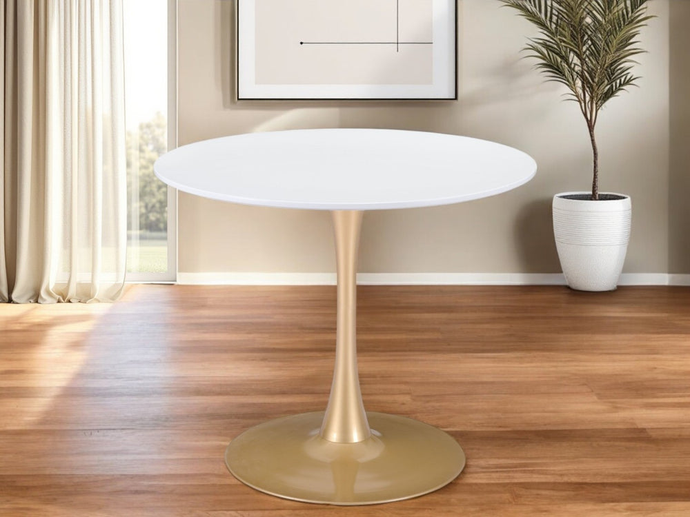 HomeRoots 35" Elegant White and Gold Rounded Pedestal Dining Table - Modern Style for Intimate Gatherings 386246