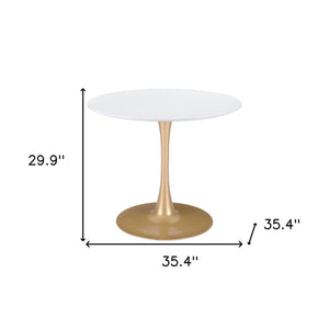 Homeroots 35" White And Gold Rounded Steel Pedestal Base Dining Table   386246