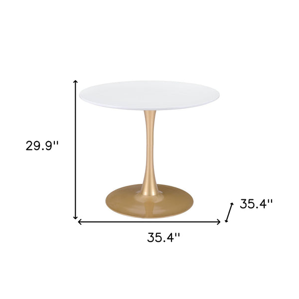Homeroots 35" White And Gold Rounded Steel Pedestal Base Dining Table   386246