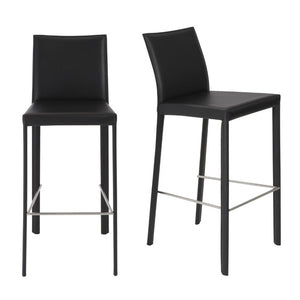 EuroStyle Hasina Fully Leather Wrapped Bar Stools Set of 2 with Steel Footrest for Kitchen Islands Black 38625BLK
