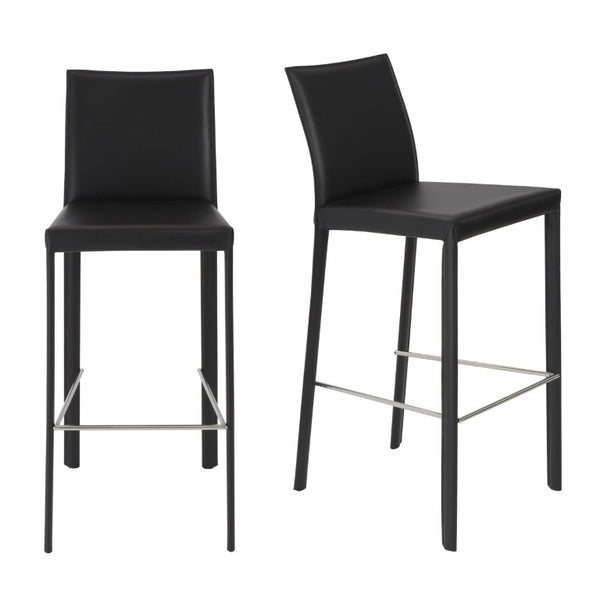 EuroStyle Hasina Fully Leather Wrapped Bar Stools Set of 2 with Steel Footrest for Kitchen Islands Black 38625BLK
