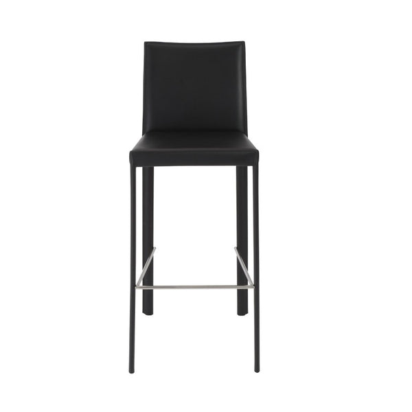 EuroStyle Hasina Fully Leather Wrapped Bar Stools Set of 2 with Steel Footrest for Kitchen Islands Black 38625BLK