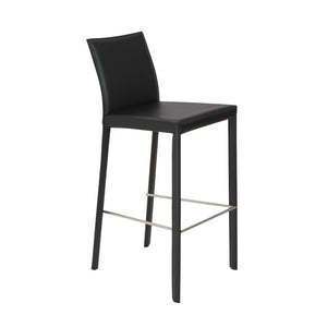 EuroStyle Hasina Fully Leather Wrapped Bar Stools Set of 2 with Steel Footrest for Kitchen Islands Black 38625BLK