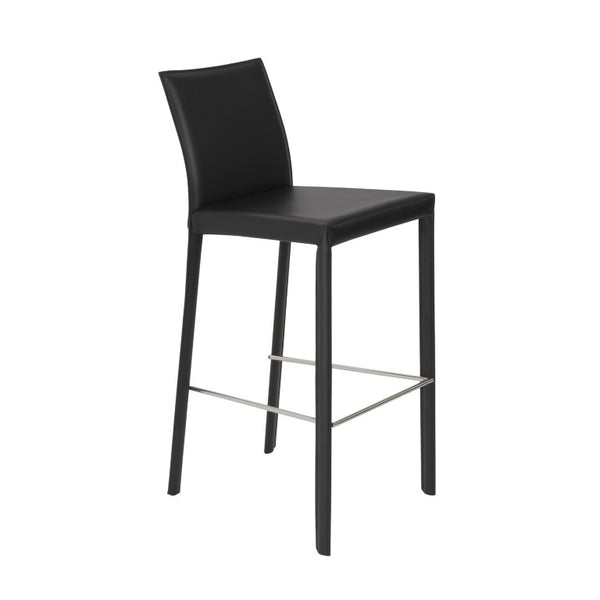 EuroStyle Hasina Fully Leather Wrapped Bar Stools Set of 2 with Steel Footrest for Kitchen Islands Black 38625BLK