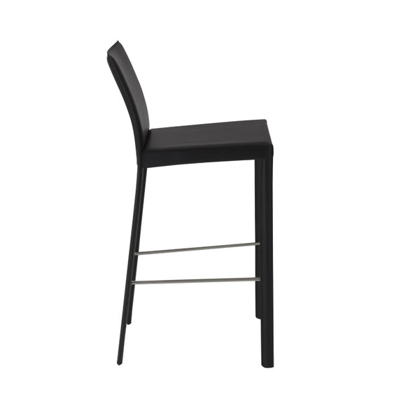 EuroStyle Hasina Fully Leather Wrapped Bar Stools Set of 2 with Steel Footrest for Kitchen Islands Black 38625BLK