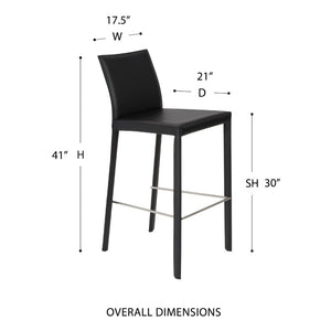 EuroStyle Hasina Fully Leather Wrapped Bar Stools Set of 2 with Steel Footrest for Kitchen Islands Black 38625BLK