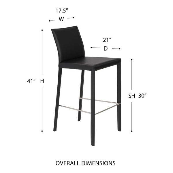 EuroStyle Hasina Fully Leather Wrapped Bar Stools Set of 2 with Steel Footrest for Kitchen Islands Black 38625BLK