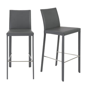 EuroStyle Hasina Fully Leather Wrapped Bar Stools Set of 2 with Steel Footrest for Kitchen Islands Gray 38625GRY