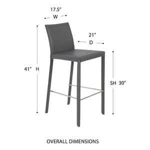 EuroStyle Hasina Fully Leather Wrapped Bar Stools Set of 2 with Steel Footrest for Kitchen Islands Gray 38625GRY