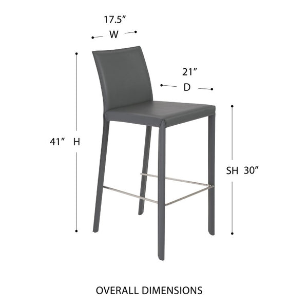 EuroStyle Hasina Fully Leather Wrapped Bar Stools Set of 2 with Steel Footrest for Kitchen Islands Gray 38625GRY