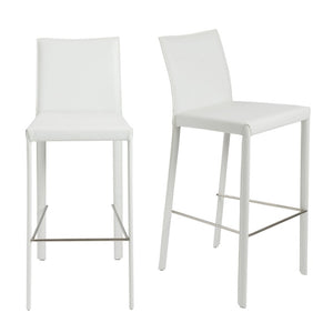EuroStyle Hasina Fully Leather Wrapped Bar Stools Set of 2 with Steel Footrest for Kitchen Islands White 38625WHT