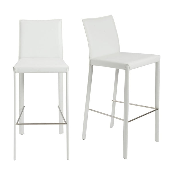 EuroStyle Hasina Fully Leather Wrapped Bar Stools Set of 2 with Steel Footrest for Kitchen Islands White 38625WHT