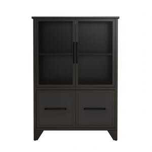 English Elm Storage Cabinet Matte Iron Four Door Sideboard with Adjustable Shelf for Modern Interiors Black W3151P407882
