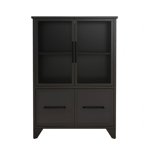 English Elm Storage Cabinet Matte Iron Four Door Sideboard with Adjustable Shelf for Modern Interiors Black W3151P407882