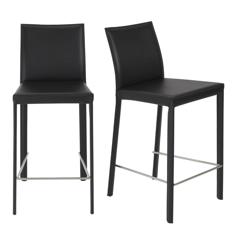 EuroStyle Hasina Regenerated Leather Counter Stools with Steel Footrest for Kitchen Islands Set of 2 38626BLK