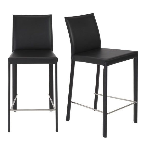 EuroStyle Hasina Regenerated Leather Counter Stools with Steel Footrest for Kitchen Islands Set of 2 38626BLK