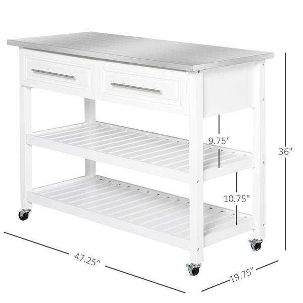 English Elm HOMCOM Rustic Farmhouse Kitchen Island Cart with Stainless Steel Top, 2 Drawers, Shelves & Wheels W2225P173899