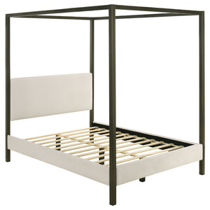 English Elm Mellie Queen Canopy Bed in Vanilla Upholstery with Bronze Four-Post Frame, Padded Headboard & Slats B062S00618