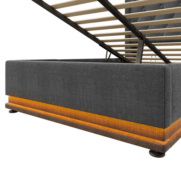 English Elm Twin Upholstered Bed with Hydraulic Storage, Surround LED, App/Remote Control & USB Type-C Charging Gray N736P188805G