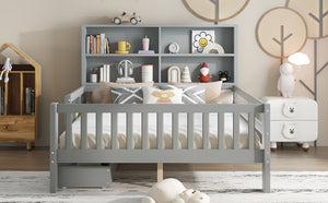 English Elm Full Solid Wood Platform Bed with Chalkboard Headboard, Storage Drawers & Shelves, Kid-Friendly White Gray W1580P362710