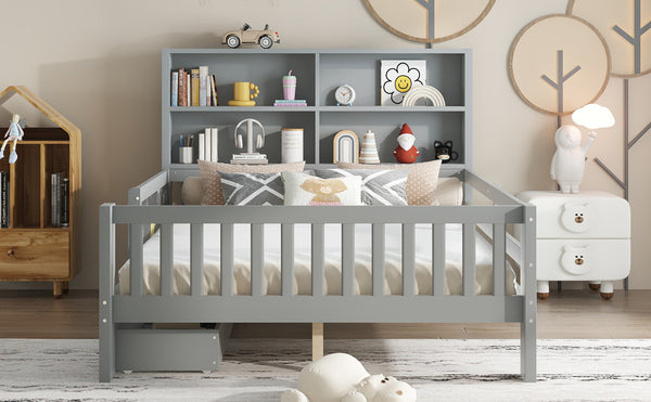 English Elm Full Solid Wood Platform Bed with Chalkboard Headboard, Storage Drawers & Shelves, Kid-Friendly White Gray W1580P362710