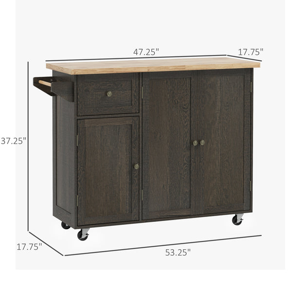 English Elm HOMCOM Rustic Rolling Kitchen Island Cart with Butcher Block Top, Drawer, 2 Cabinets & Towel Rack W2225P200933
