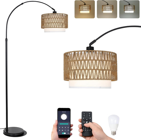 English Elm Arc Rattan Arc Floor Lamp with Remote & Dimmable LED, Height Adjustable, Boho Farmhouse Glow Brown+Black W2738P227438