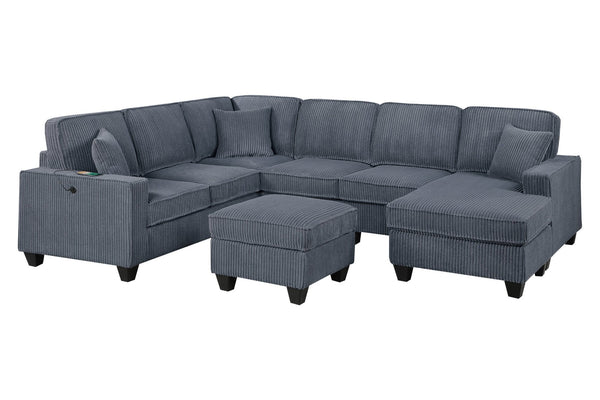English Elm Dark Corduroy U-shaped Sectional Set with Usb Charging Ottoman and Plush Cushions Dark Gray B011S02191