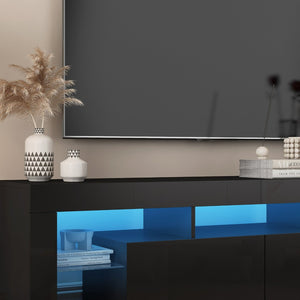 English Elm High Gloss Black Tv Console with Led Ambiance Lighting Storage Cabinets Modern Living Room W1321126658