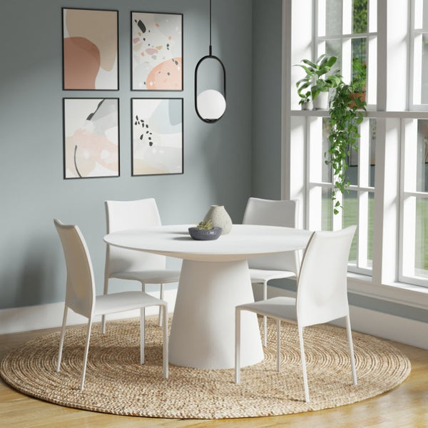 EuroStyle Wesley Round Dining Table with American Veneer Grain Seats Six for Modern Interiors Matte White 38656WHT-KIT