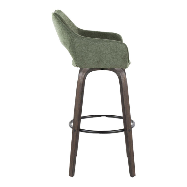 English Elm 30" Swivel Barstools Bentwood Walnut Legs Green Upholstery Cut-out Back Set of 2 B202S00629