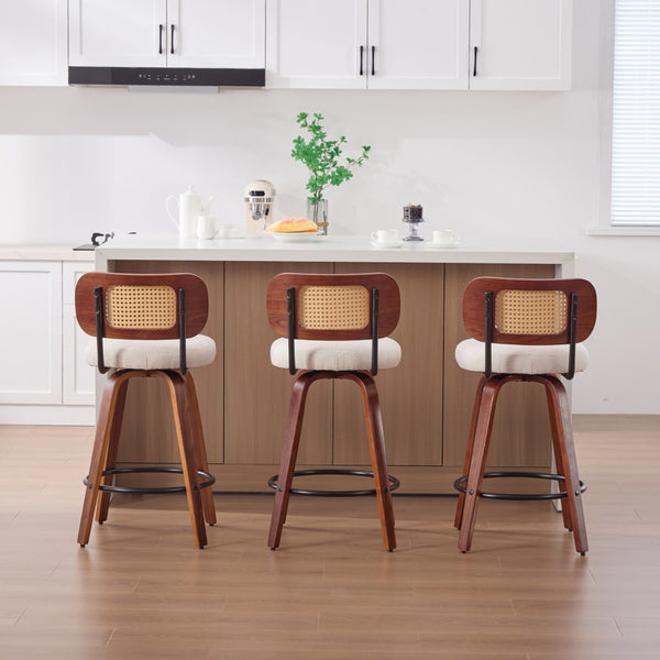 English Elm Set of 2 Swivel Counter Stools Walnut Frame Rattan Back Linen Seat Kitchen Island Beige W1143P392163