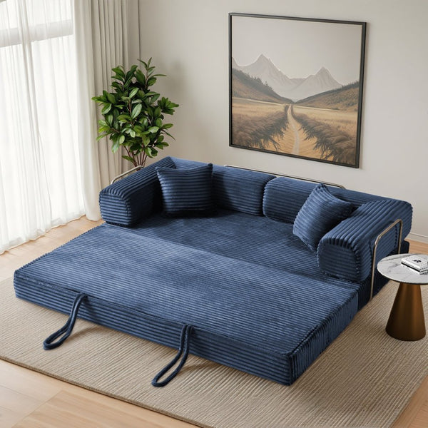 English Elm Compression Foldable Floor Sofa Bed Corduroy Futon with Foam Support for Small Spaces Blue W3716P379187