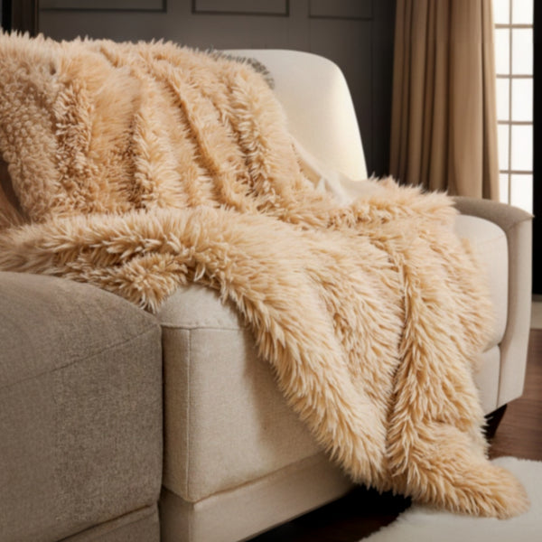 Homeroots Beige Wool Solid Color Plush Throw  Wool 386752