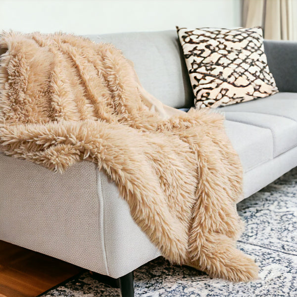 Homeroots Beige Wool Solid Color Plush Throw  Wool 386752