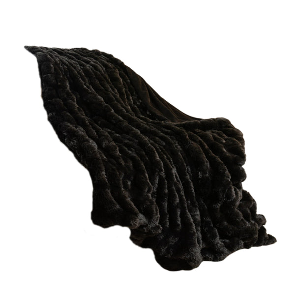 Homeroots Chunky Sectioned Black Faux Fur Throw Blanket  Polyester 386753