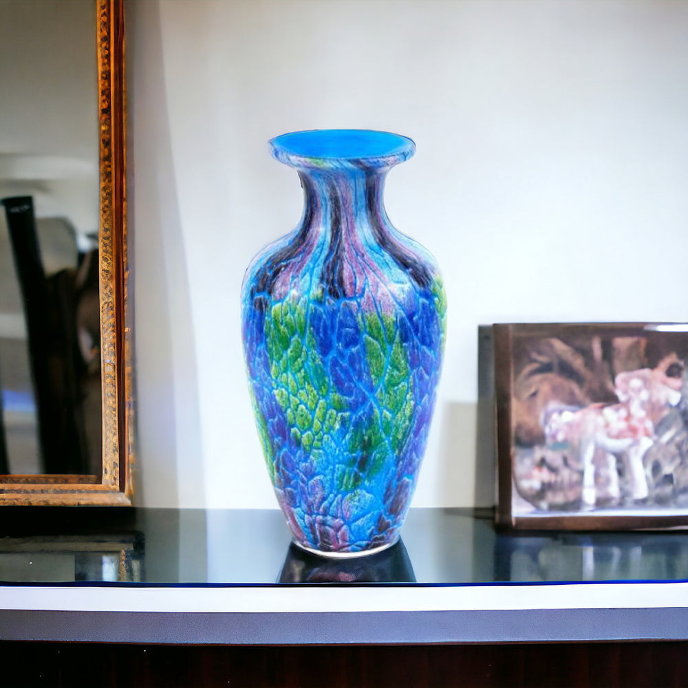 Homeroots 10" Blue And Green Glass Abstract Round Table Vase  Glass 386758