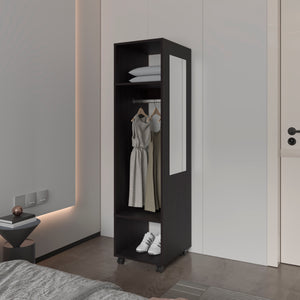 English Elm Benson Melamine Wardrobe with Mirror & Wheels, Slim Black Closet Organizer for Small Bedrooms, Mobile Storage B128P225198