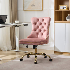 English Elm A&A Velvet Tufted Office Chair with Hand-Pulled Buttons, Nailhead Trim & Golden Metal Base, Luxe Comfort Pink W1143P292467