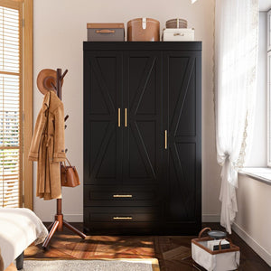 English Elm Shaker Three Door Wardrobe Armoire with Hanging Rod and Shelves for Bedroom Black T3210S00006
