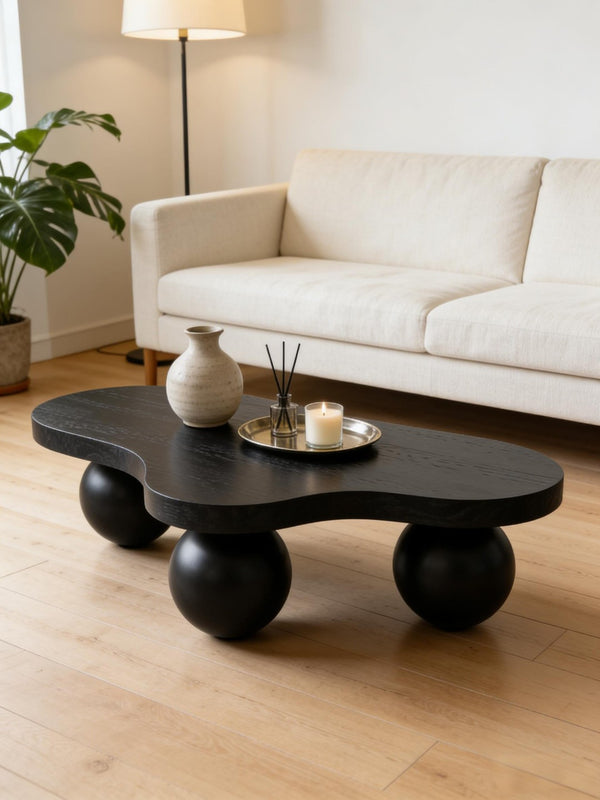 English Elm 46 Inch Cloud Shaped Coffee Table with Ash Veneer Top and Sculptural Sphere Legs Black W3935S00006