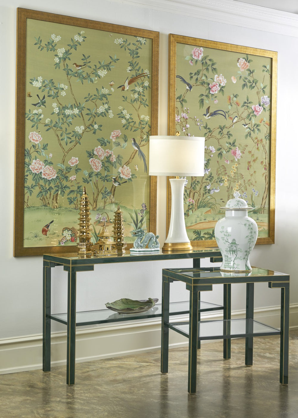 Chelsea House Edgedale Hand-Painted Green Panel With Black Etching, Gold Frame & Glass — 64.5"X44.25" Ready-To-Hang 386815