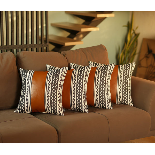 Homeroots Set Of 4 Black And White Zig Zag With Faux Leather Pillow Covers   386817