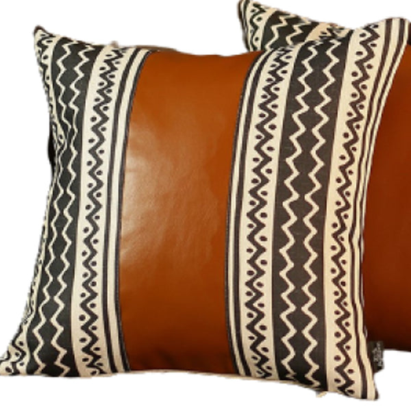 Homeroots Set Of 4 Black And White Zig Zag With Faux Leather Pillow Covers   386817