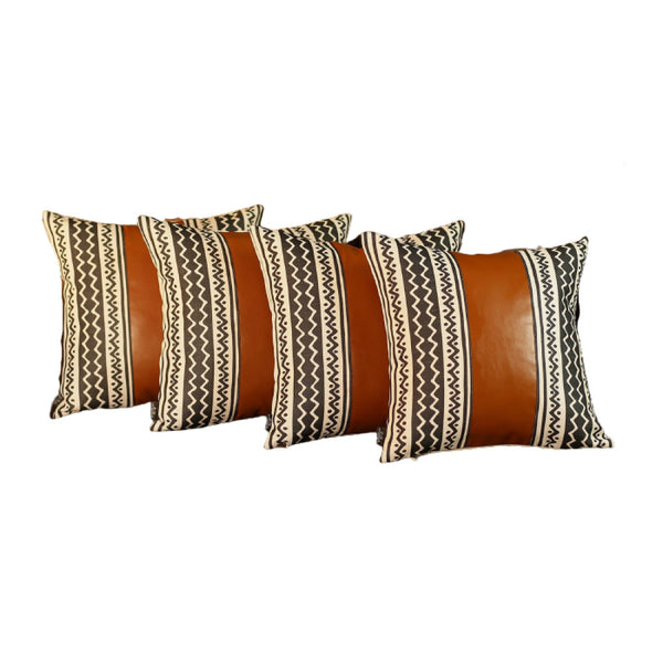 Homeroots Set Of 4 Black And White Zig Zag With Faux Leather Pillow Covers   386817