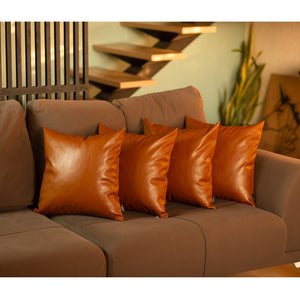 HomeRoots Set of 4 Rustic Brown Faux Leather 17" Pillow Covers - Vegan-Friendly, Durable & Stylish Décor 386818