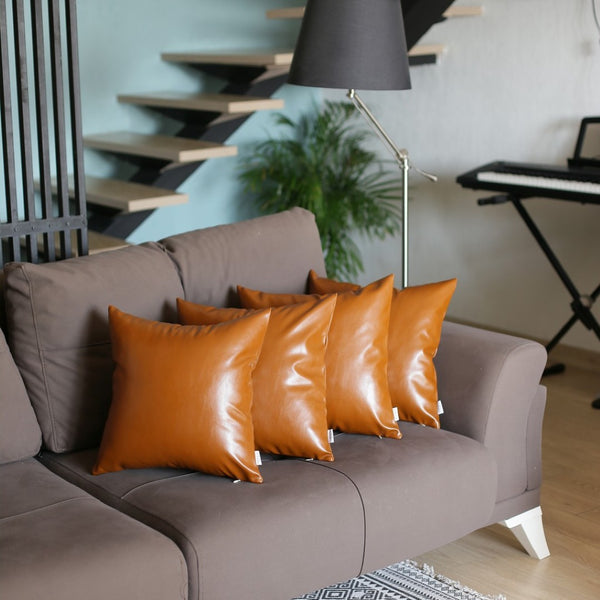 HomeRoots Set of 4 Rustic Brown Faux Leather 17" Pillow Covers - Vegan-Friendly, Durable & Stylish Décor 386818