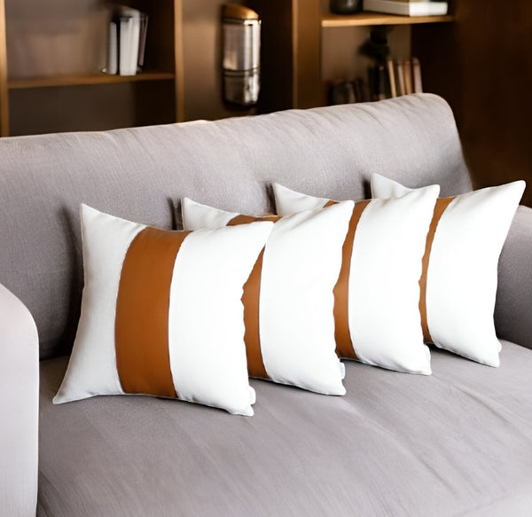 HomeRoots Set of Four 17" Brown and White Faux Leather Pillow Covers for Stylish Home Decor & Comfort 386821