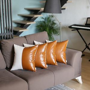 HomeRoots Set of Four Faux Leather Throw Pillow Covers – Stylish Brown & White Accent for Modern Decor 386822